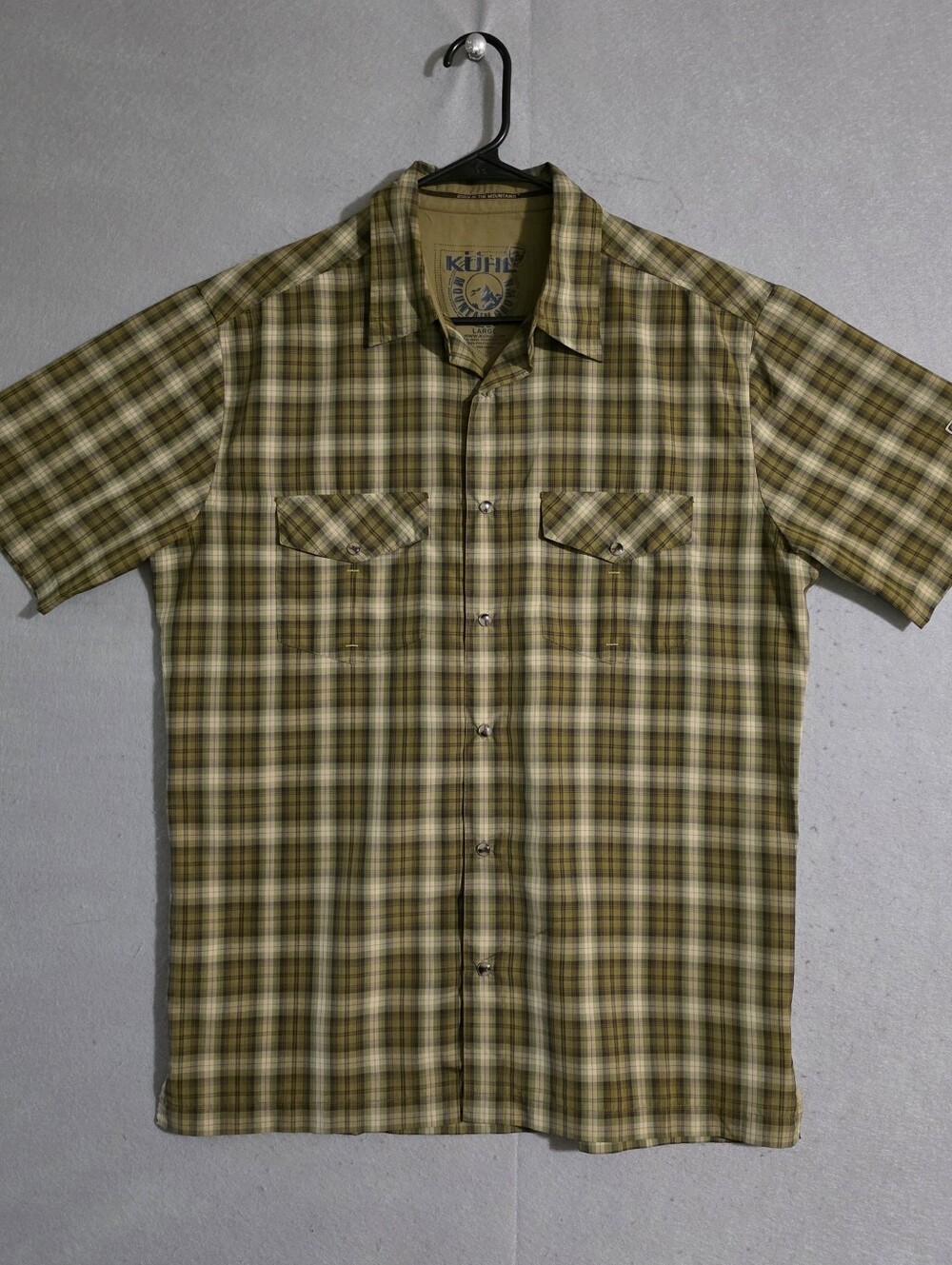 Kuhl Mens Green Plaid Pearl Snap Button S/S Button Up Shirt Size Large